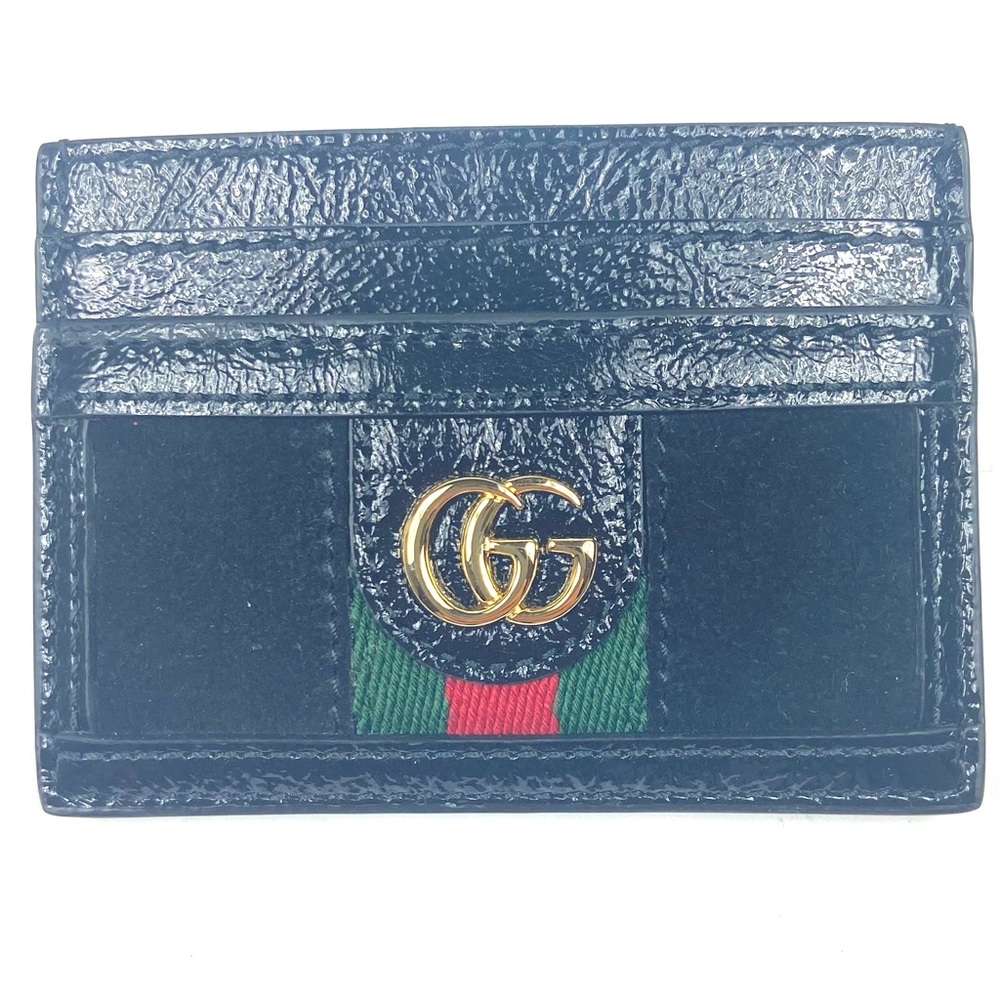 Gucci Black Leather Card Case with Green and Red Web Stripe & Gold GG